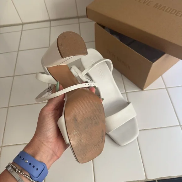 Steve Madden White Leather Messa Block Heel Ankle Strap Sandals - Picture 4 of 11